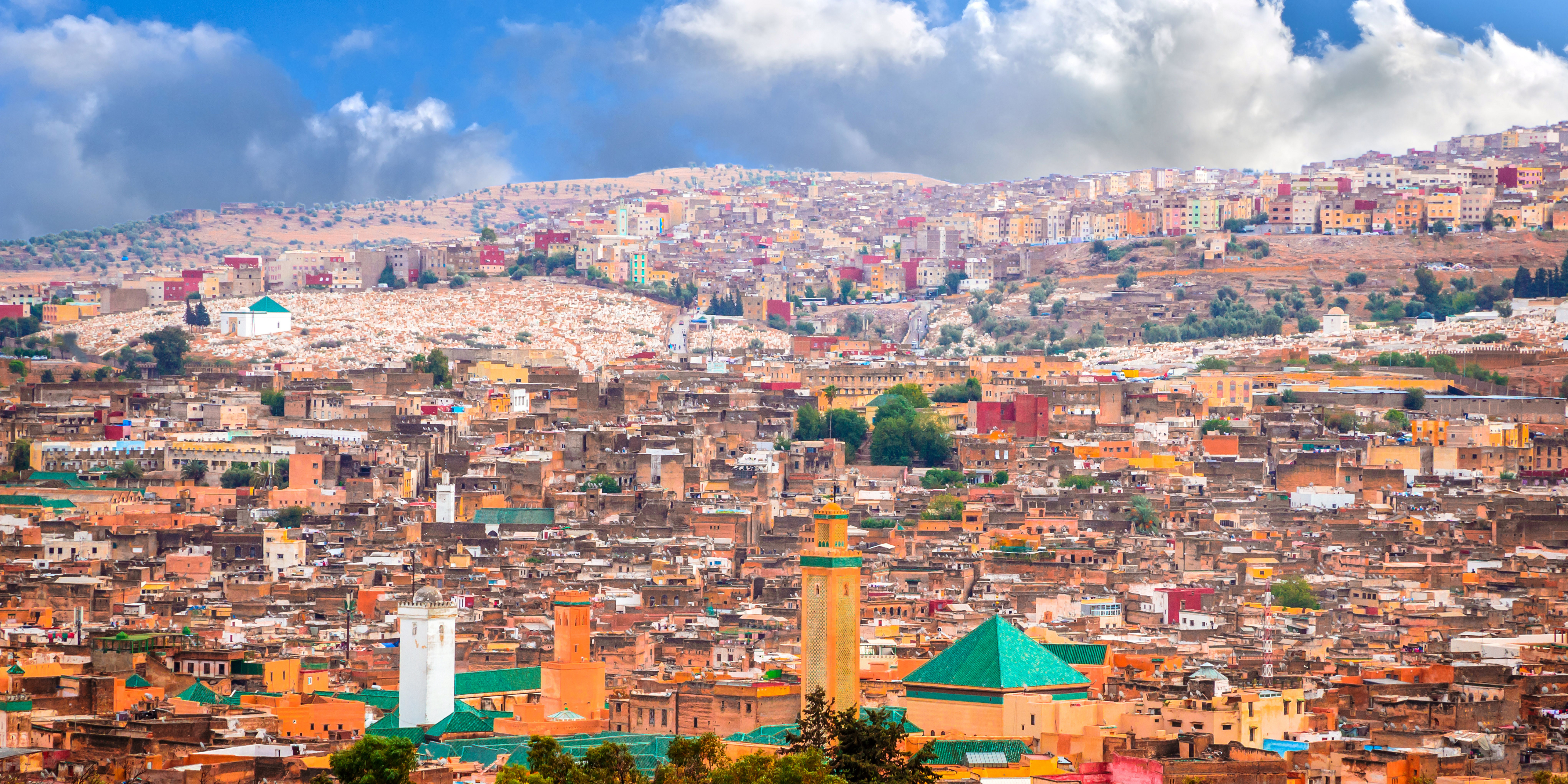 Panoramic view of Fes, showcasing its ancient architecture, bustling markets, and historic medina.